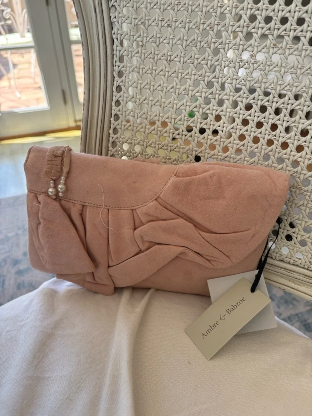 Blush Pink Floral Appliqué Clutch with Pearl Accent Genuine Leather